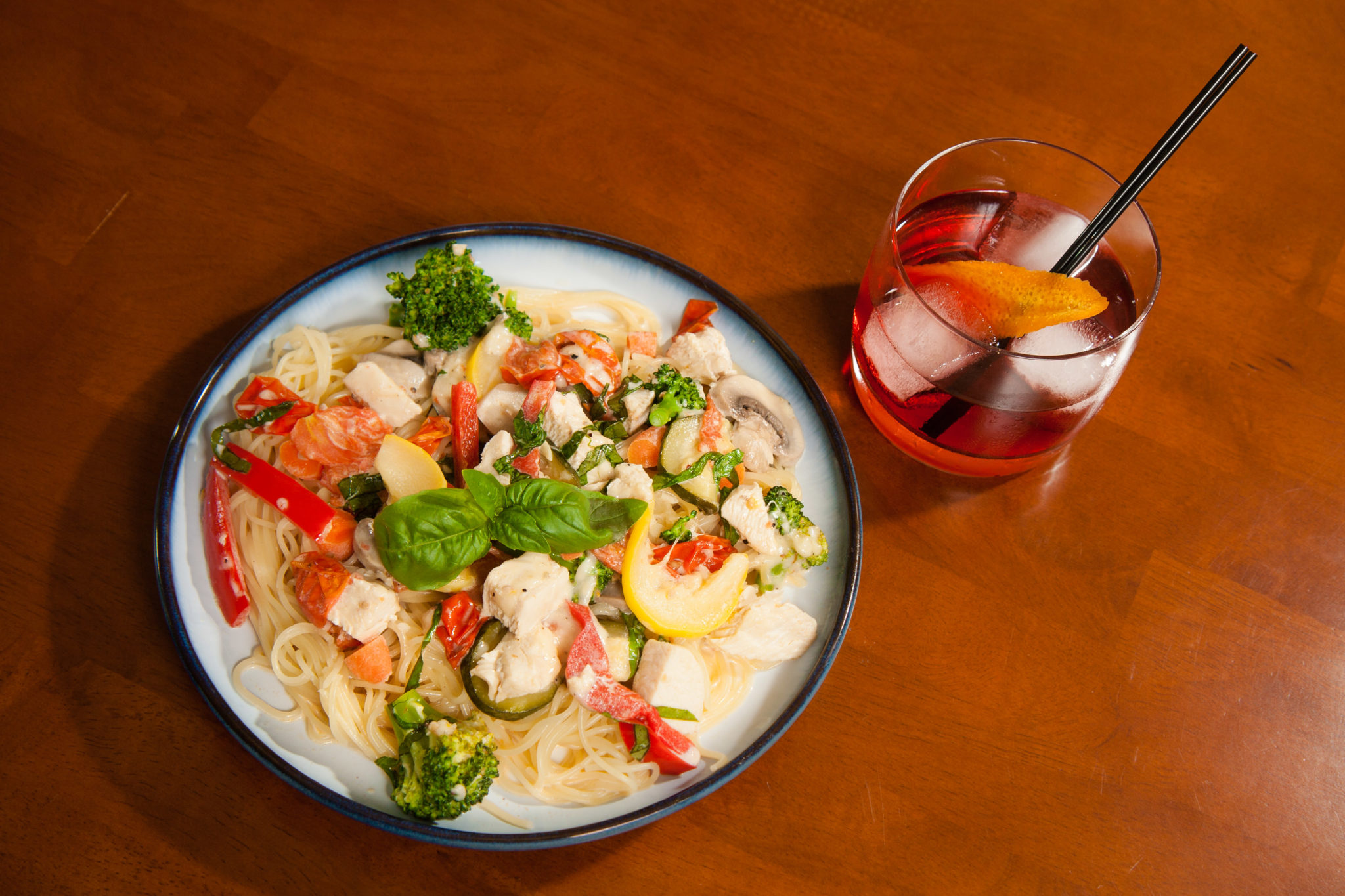 Pasta Primavera + French Boulevardier