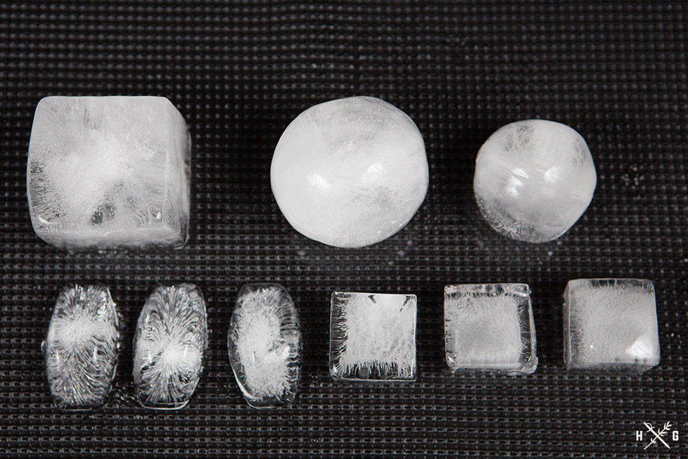 ice cubes, spheres, and crescents from various molds