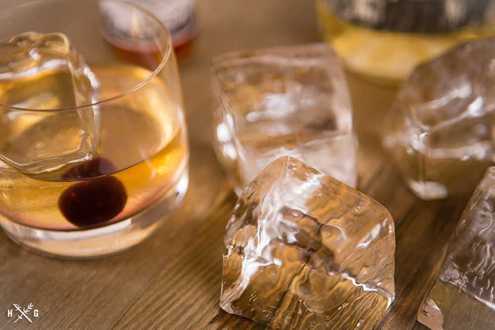 crystal clear ice cubes and a cocktail