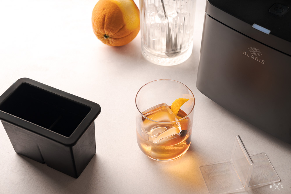 Old Fashioned cocktail with clear ice cube